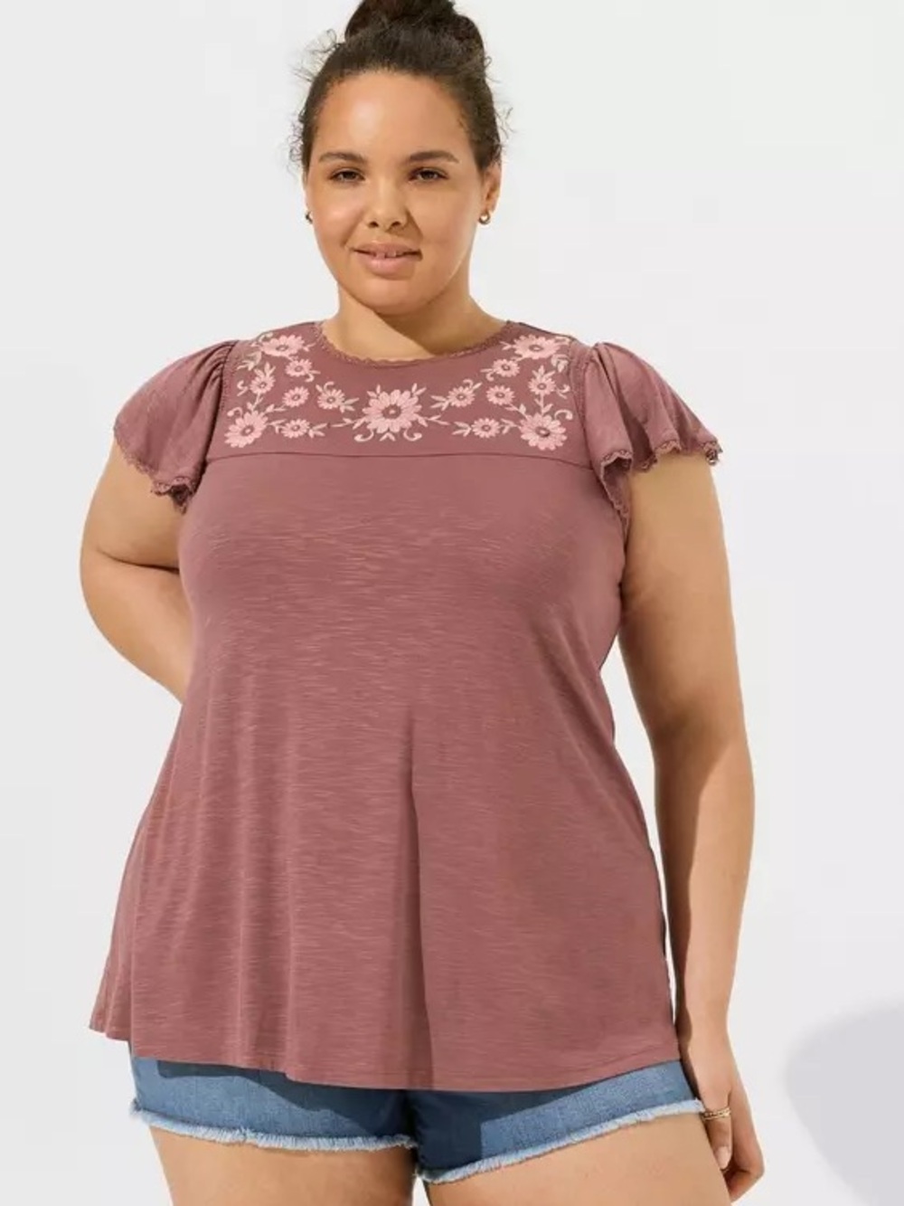 Torrid Vintage Slub Embroidered Flutter Sleeve Top